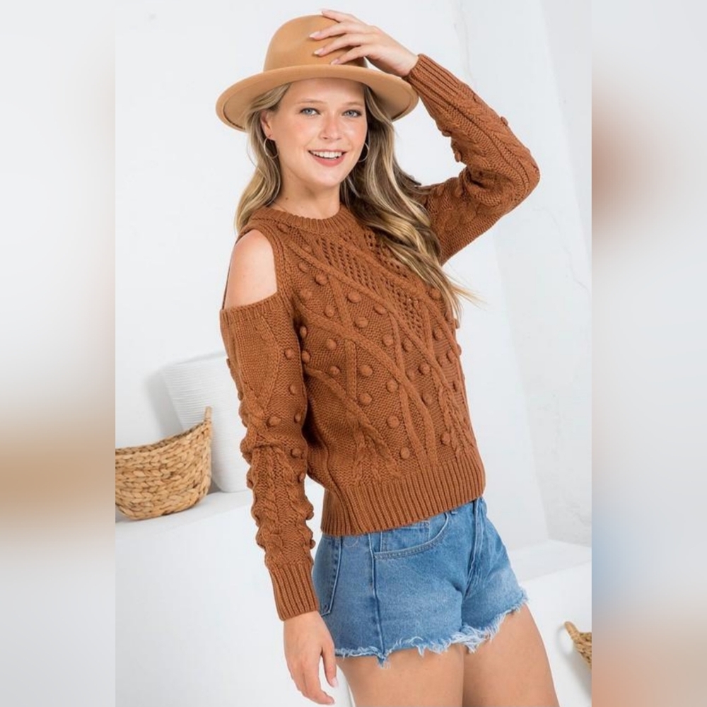 Cold Shoulder Pom Pom Sweater